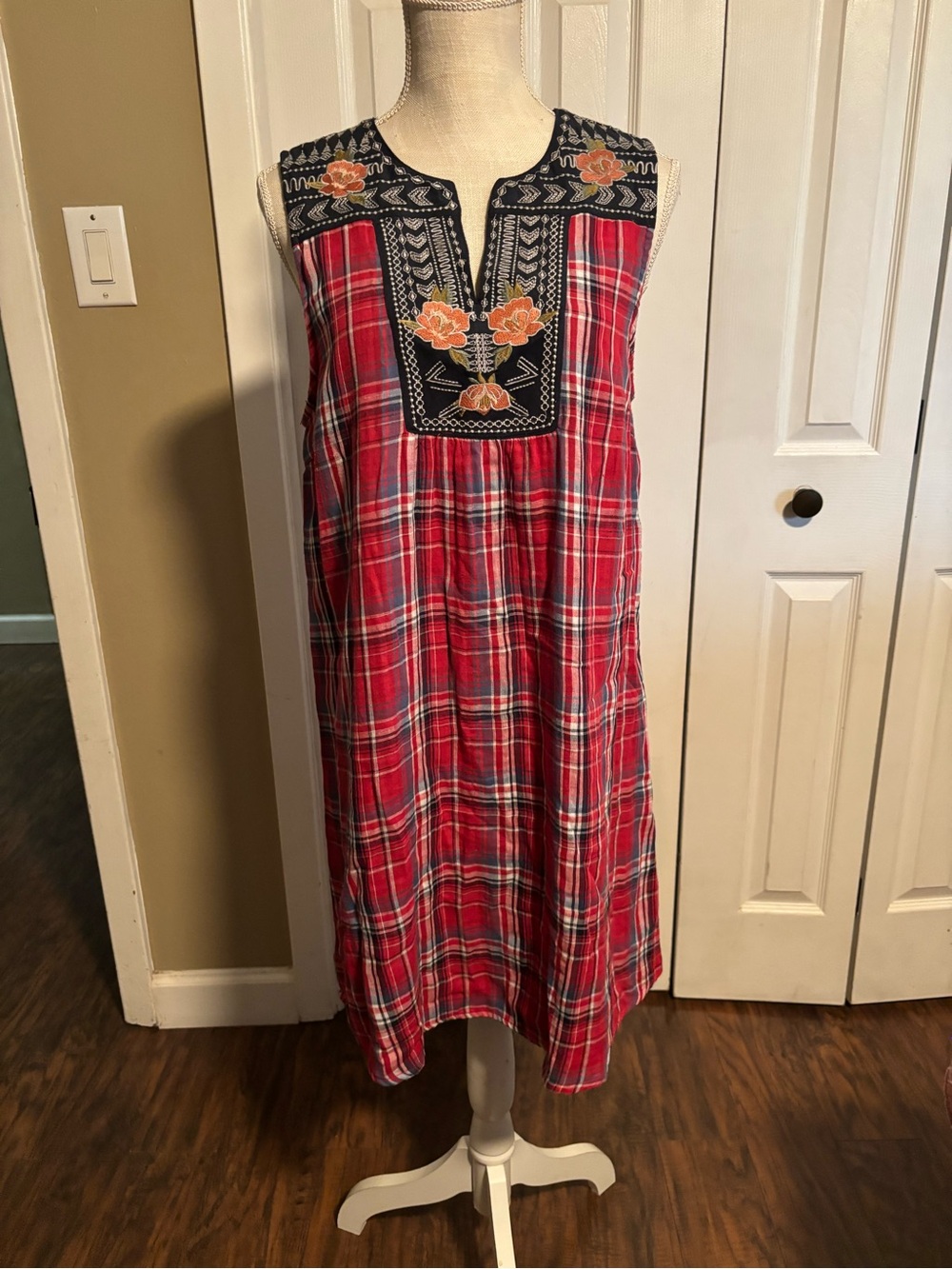 THML Embroidered Red Plaid Dress Size Large